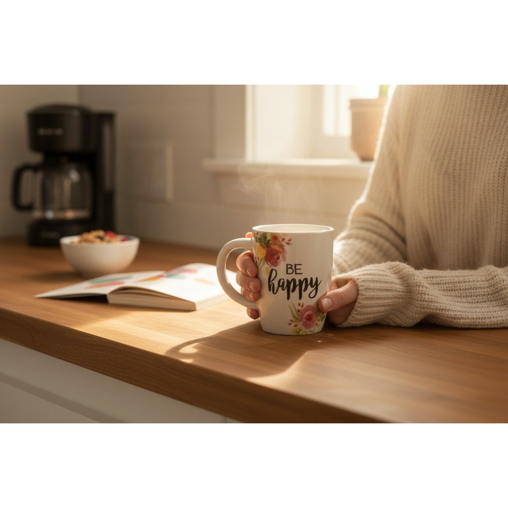 Transpac Be Happy Floral Ceramic Coffee Mug White Brand New Inspirational 14oz